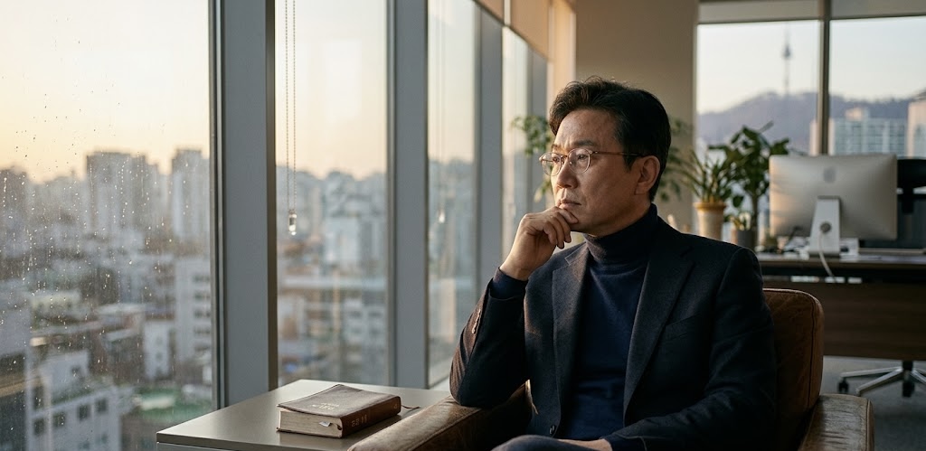 새벽녘 사무실 창가에 앉아 고뇌에 잠긴 IT CEO의 모습입니다.
