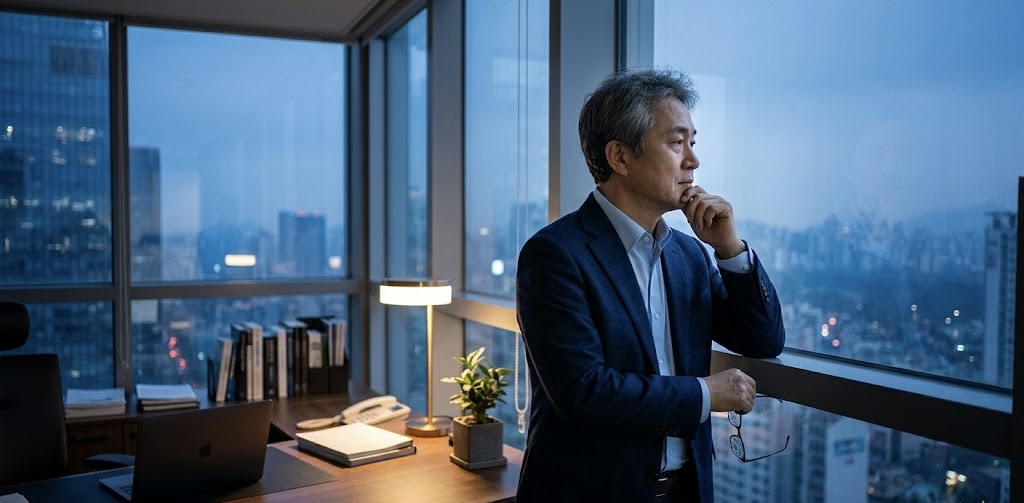 푸르스름한 새벽녘, 도심이 내려다보이는 현대적인 사무실 창가에 서서 깊은 생각에 잠겨 있는 중년의 한국인 남성 IT CEO. 네이비색 정장을 입고 한 손에는 안경을 든 채 창밖을 바라보고 있으며, 책상 위에는 노트북과 서류, 은은한 조명이 켜져 있다.