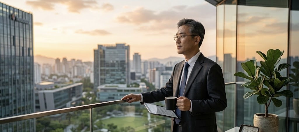 정장 차림에 안경을 쓴 중년의 한국인 남성 IT CEO가 고층 건물 발코니에 서서 생각에 잠겨 있다. 한 손에는 태블릿 PC, 다른 한 손에는 커피 잔을 들고 있으며, 오른편 화분 옆에는 펼쳐진 성경책과 태블릿 PC가 놓여 있다.
