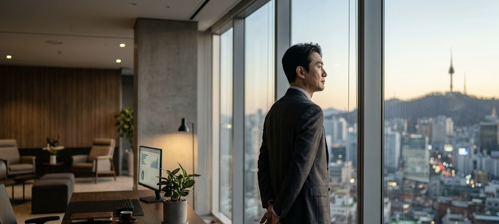 새벽녘 서울 도심(남산타워)이 내려다보이는 현대적인 오피스에서, 정장을 입은 한 한국인 남성 CEO가 통창 너머를 바라보며 차분하고 깊은 생각에 잠겨 있는 뒷모습의 실사 이미지. 책상 위에는 노트북과 작은 화분이 놓여 있으며, 전체적으로 차분하고 지혜로운 분위기를 자아냅니다.