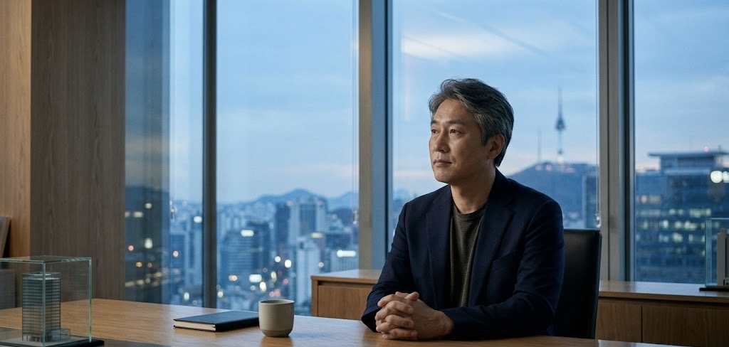 동트기 전 새벽, 서울 시내가 내다보이는 고층 사무실 창가에 앉아 생각에 잠겨 있는 50대 한국인 남성 IT 경영자(CEO)의 모습. 책상 위에는 찻잔과 수첩이 놓여 있으며, 차분하고 경건한 분위기가 느껴지는 실사 이미지.