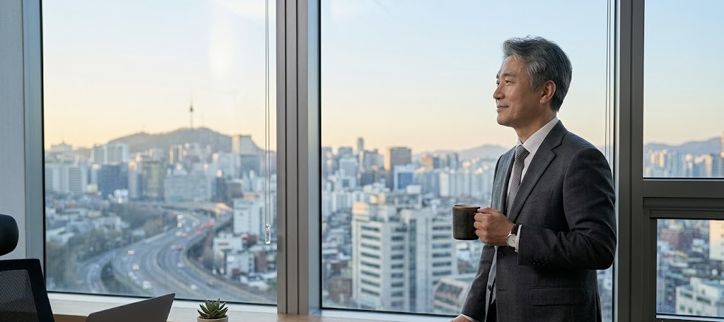 새벽녘 서울 도심 전경이 내려다보이는 고층 사무실 창가에서, 커피 잔을 들고 은은한 미소를 지으며 밖을 바라보고 있는 중년의 한국인 남성 IT CEO의 실사 이미지.