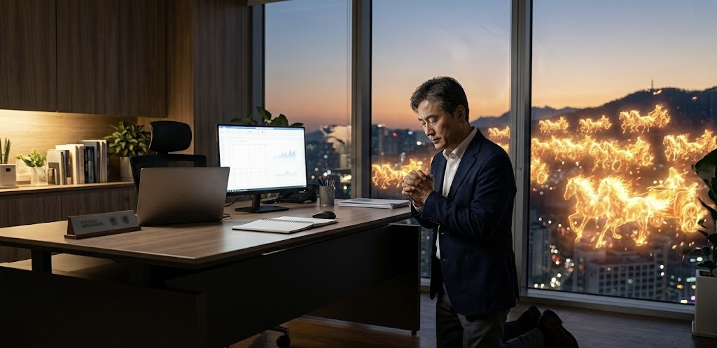 세련된 사무실에서 무릎 꿇고 기도하는 IT CEO의 모습입니다. 창밖 산 위로 불말과 불병거가 가득한 영적인 광경이 펼쳐져 있으며, 새벽 노을과 함께 신비로운 분위기를 자아냅니다.