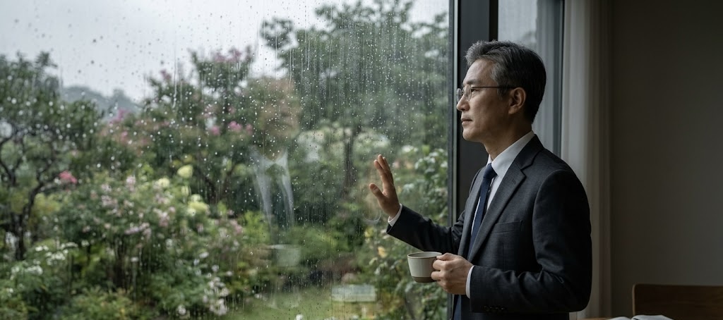 창밖으로 내리는 비를 바라보며 생각에 잠겨 있는 중년의 한국인 남성 IT CEO. 깔끔한 정장 차림에 안경을 쓰고 한 손에는 찻잔을 들고 있으며, 뒤편 테이블 위에는 펼쳐진 성경책과 태블릿 PC가 놓여 있다. 유리창 너머로 촉촉이 젖은 푸른 정원이 보이며, 전체적으로 차분하고 묵상하는 분위기를 자아낸다.
