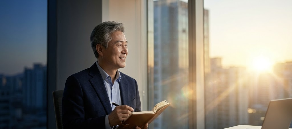 고층 빌딩 사무실에서 한국인 중년 남성 IT CEO가 노트를 들고 미소를 지으며 창밖을 바라보고 있습니다. 창문 왼쪽은 어두운 새벽녘 도심 풍경이고, 오른쪽은 밝고 따스한 아침 햇살이 강하게 쏟아져 들어오며 어둠에서 빛으로 전환되는 극적인 순간을 연출합니다. 책상 위에는 노트북과 커피잔이 놓여 있습니다.