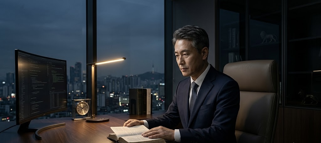 새벽 녘 도시가 내려다보이는 사무실에서 한 한국인 남성이 책상에 앉아 책을 읽고 있습니다.