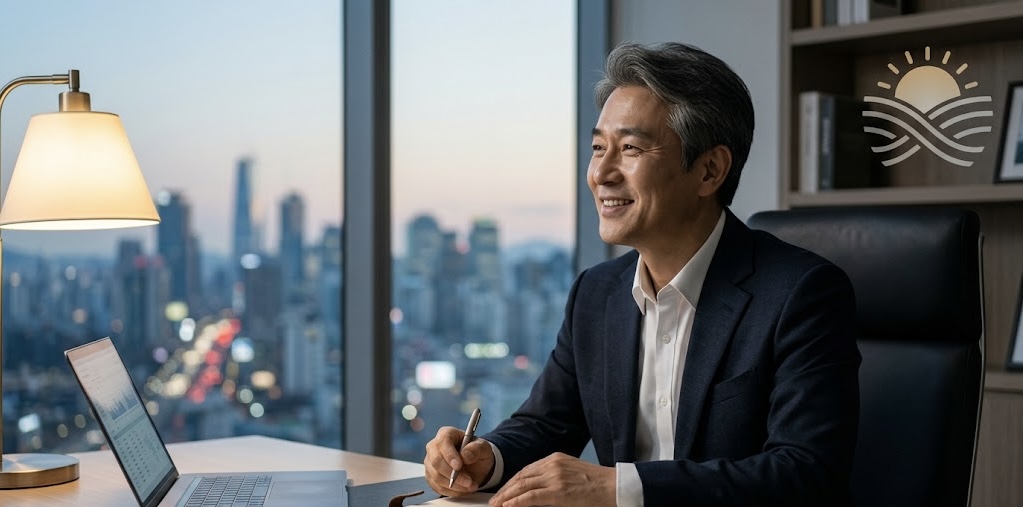이른 아침, 세련된 사무실에서 50대 중반의 한국인 남성 IT CEO가 창밖의 탁 트인 서울 도시 풍경을 바라보며 환하게 미소 짓고 있습니다. 책상 위에는 노트북과 펼쳐진 다이어리가 놓여 있으며, 은은한 스탠드 조명이 따뜻함을 더합니다. 우측 상단 벽면에는 떠오르는 태양과 길을 형상화한 로고가 새겨져 있어, 절망을 이겨내고 생명의 길을 따라 나아가는 희망찬 분위기를 연출합니다.