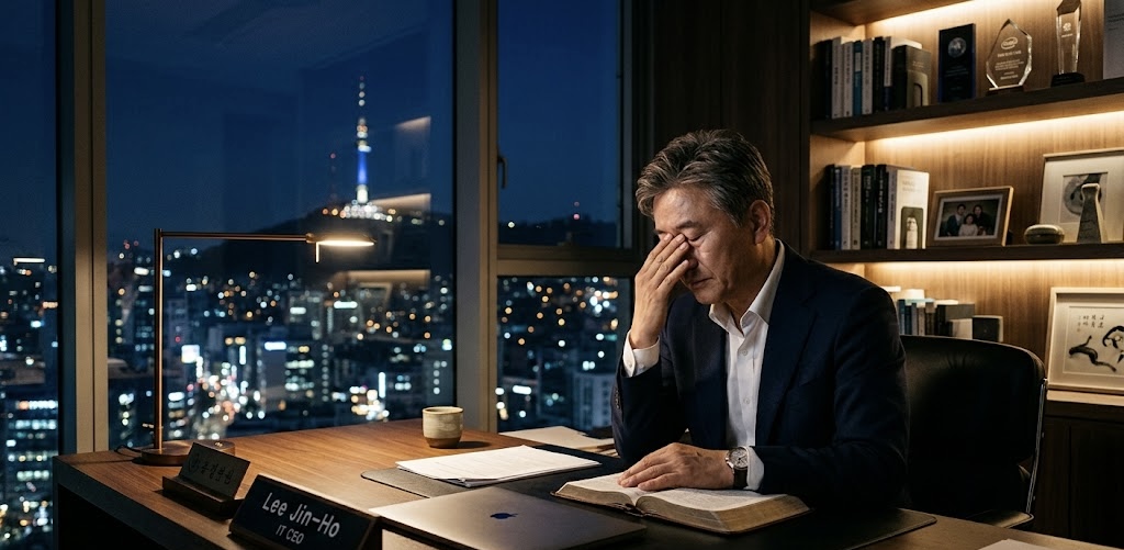 한밤중 서울의 야경과 남산타워가 보이는 고층 사무실에서, 중년의 한국인 IT CEO가 책상 앞에 앉아 눈물을 훔치며 간절히 기도하고 있습니다. 책상 위에는 노트북과 함께 펼쳐진 성경책이 놓여 있으며, 스탠드 조명이 고요하고 엄숙한 분위기를 비추고 있습니다.