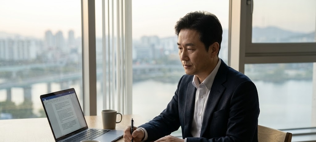 이른 아침, 한강과 서울 시내가 내려다보이는 고층 사무실 창가에서 40대 후반의 한국인 남성 IT CEO가 정장을 입고 진지한 표정으로 노트북과 스마트폰 옆에 놓인 수첩에 펜으로 글을 적고 있는 실사 이미지. 책상 위에는 커피잔과 가죽 다이어리가 놓여 있으며, 전체적으로 차분하고 묵상에 집중하는 전문가의 새벽 분위기를 연출하고 있습니다.