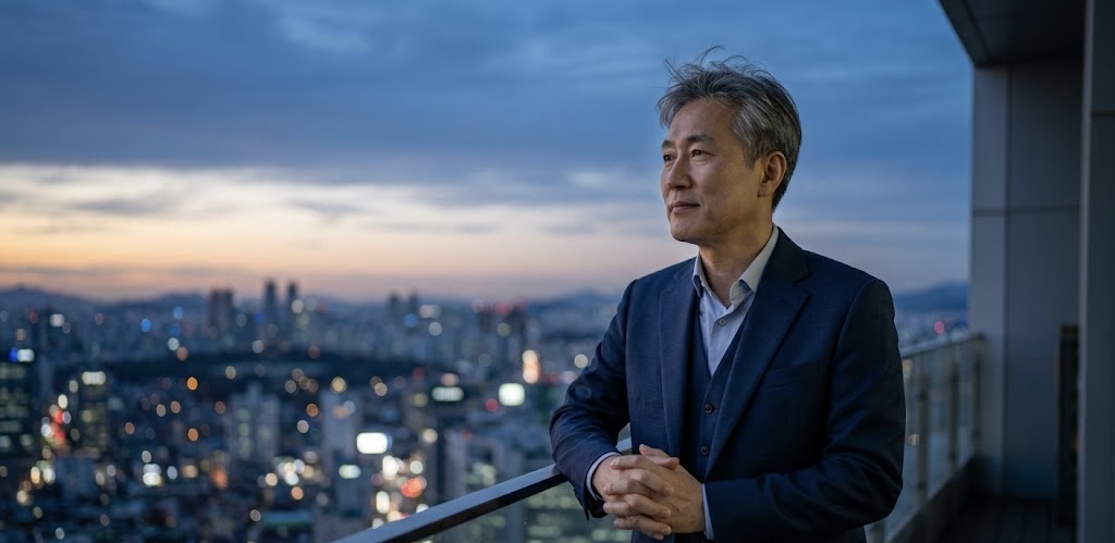 새벽녘 도시를 배경으로 정장을 입고 난간에 기대어 서 있는 중년 남성.