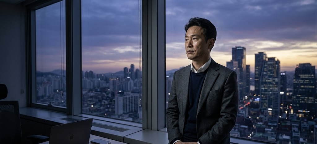 새벽녘 도시 전경이 내려다보이는 고층 사무실 창가에서 깊은 생각에 잠겨 있는 중년의 한국인 남성 IT CEO 실사 이미지. 신뢰감을 주는 정장 차림으로 두 손을 모은 채 먼 곳을 바라보고 있으며, 차분하고 진중한 묵상의 분위기를 연출합니다