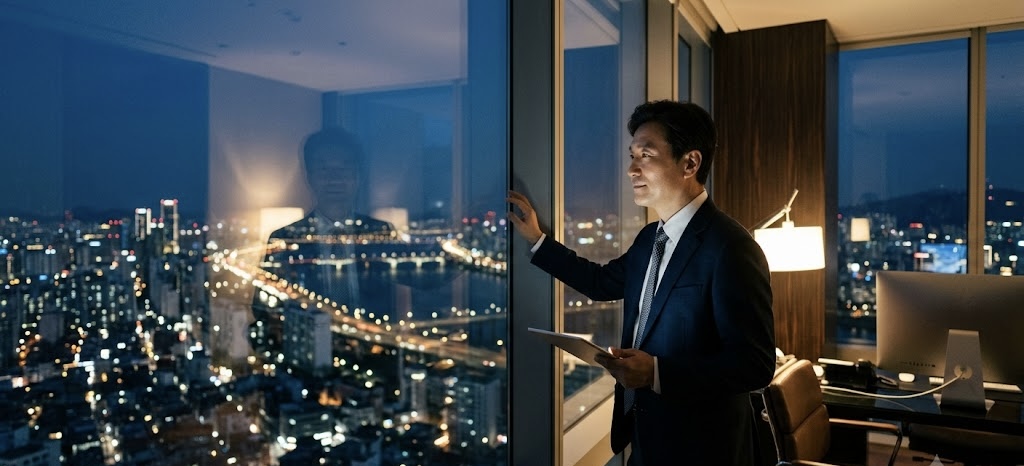 고급 오피스에서 밤하늘을 응시하는 CEO의 뒷모습. 창밖으로는 활기찬 도시의 야경이 펼쳐져 있습니다.