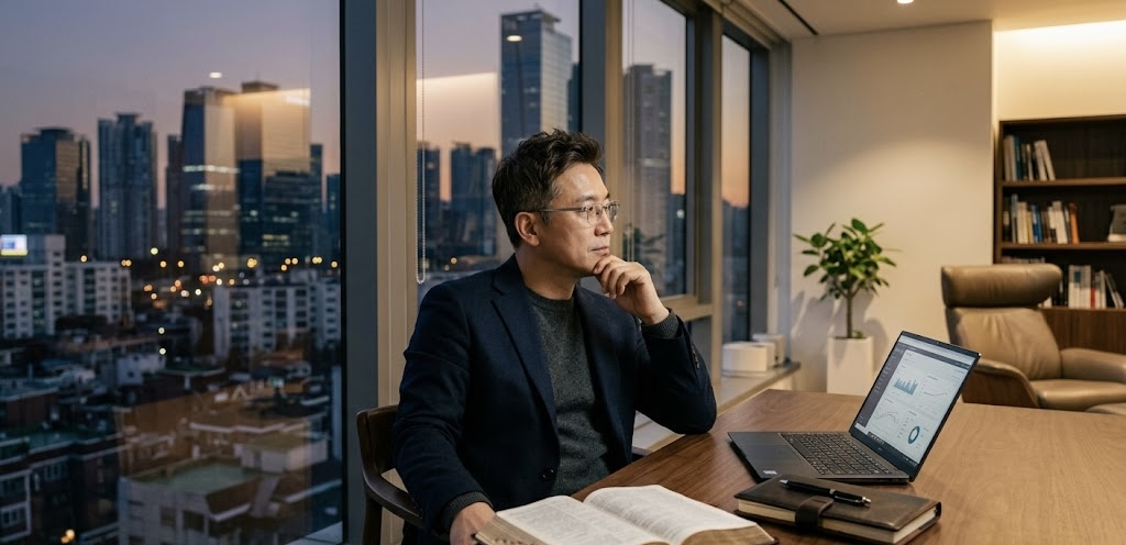 이른 새벽, 통유리창 너머로 도시의 야경과 동틀 녘 실루엣이 보이는 세련된 사무실입니다. 책상 앞에 앉은 중년의 한국인 남성 IT CEO가 노트북과 다이어리, 그리고 펼쳐진 성경책을 앞에 두고 깊은 생각에 잠겨 창밖을 바라보고 있습니다. 전체적으로 차분하고 진중하며 영적인 깊이가 느껴지는 실사 분위기입니다.