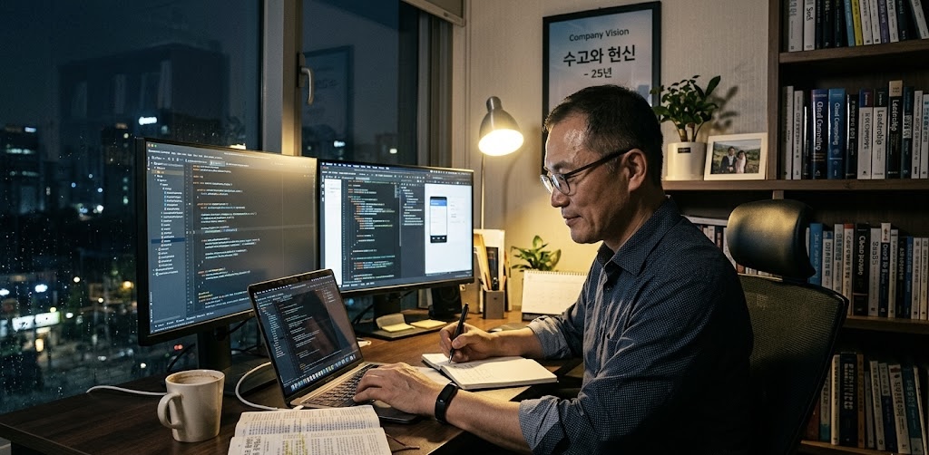 밤늦은 시간, 사무실 창밖으로 도시의 야경이 보이는 가운데 한국인 중년 남성이 모니터와 노트북 화면에 띄워진 코드를 살피며 업무에 몰두하고 있습니다. 책상 위에는 성경책과 커피잔, 메모장이 놓여 있어, 일과 신앙 속에서 수고하는 삶의 모습을 보여줍니다.