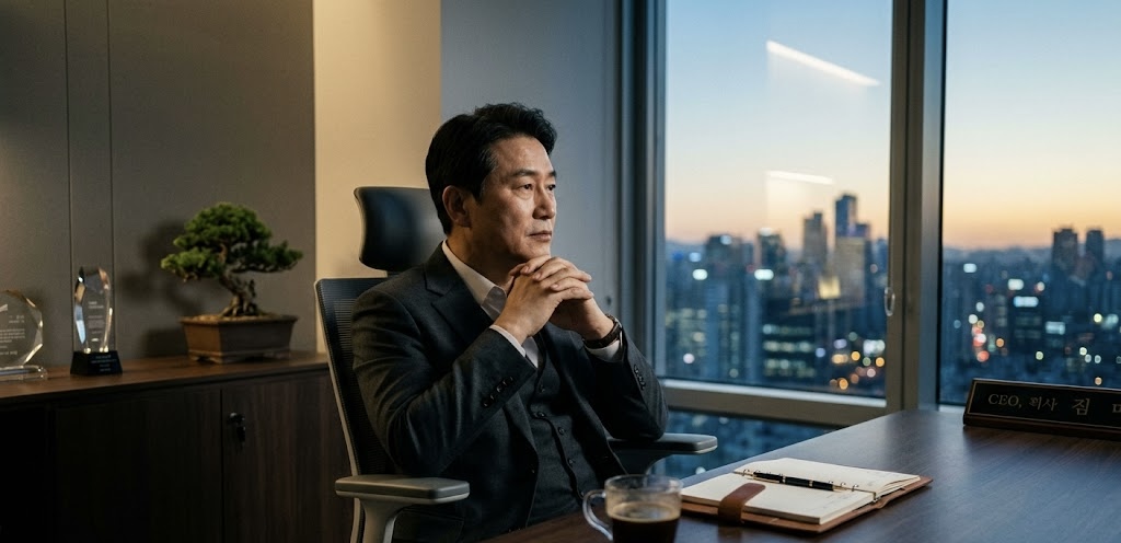 새벽녘 도시 전경이 내려다보이는 사무실에서 한 중년의 한국인 남성 CEO가 책상 앞에 앉아 손을 맞잡고 깊은 생각에 잠겨 있는 모습. 책상 위에는 커피 한 잔과 다이어리가 놓여 있다.