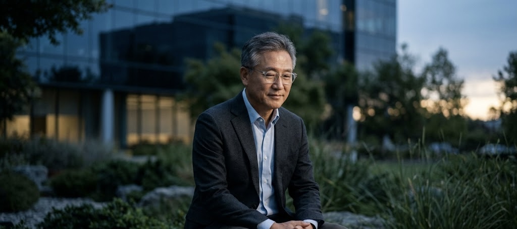 이른 새벽이나 늦은 저녁, 차분한 푸른빛이 감도는 현대적인 IT 기업 사옥 앞 정원에서 한 중년의 한국인 남성 CEO가 나무 벤치에 앉아 있습니다. 그는 단정하고 전문적인 세미 정장 차림에 안경을 쓰고 있으며, 두 손을 모아 쥔 채 은은한 미소를 지으며 깊은 생각이나 묵상에 잠겨 있습니다. 주변의 푸른 식물들과 차분한 배경은 원고가 전달하고자 하는 '여호와 앞에 잠잠히 참고 기다리는 적극적인 침묵'의 정서를 차분하고 지적인 분위기로 시각화하고 있습니다.