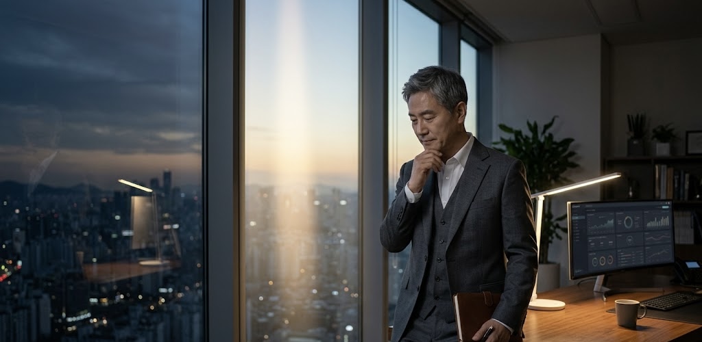"어두운 도심의 야경이 내려다보이는 고급 사무실에서, 정장을 입은 한국인 남성 CEO가 창가에 기대어 깊은 생각에 잠겨 있다. 창밖으로 새벽 여명이 비치고 있으며, 실내에는 세련된 업무 공간이 구성되어 있어 정직과 평안을 묵상하는 분위기를 자아낸다."
