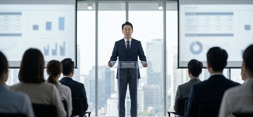 통창 너머로 도시 전경이 보이는 현대적인 회의실에서, 정장을 입은 한국인 남성 발표자가 단상에 서서 진중한 표정으로 청중들의 질의응답에 응하고 있는 모습. 단상 양옆에는 도표가 띄워진 스크린이 있고, 앞쪽에는 발표자를 바라보는 청중들의 뒷모습이 보입니다.