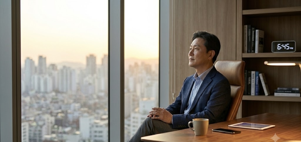 일출 시간, 고층 빌딩 사무실에서 한국인 남성 CEO가 창밖을 바라보며 깊은 생각에 잠겨 있다. 책상 위에는 태블릿, 스마트폰, 그리고 '6:45 PM'이라고 표시된 디지털 시계가 있다.