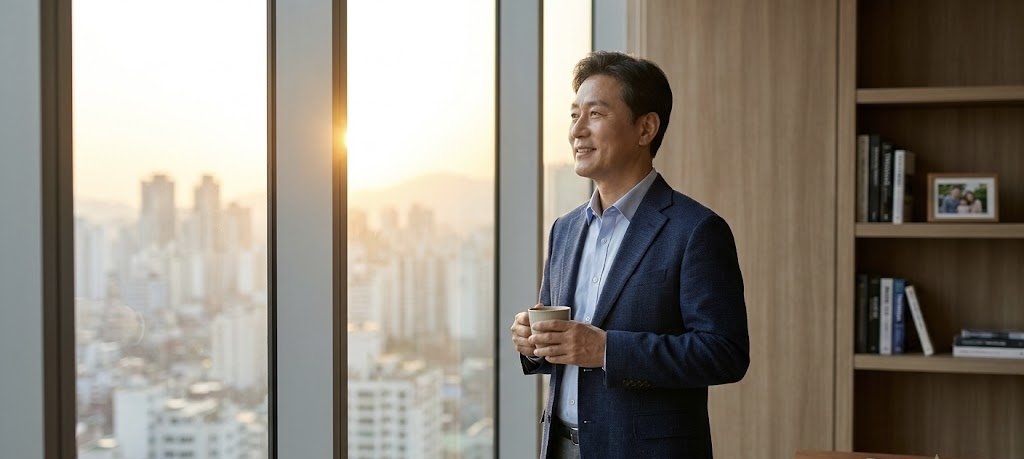 새벽녘, 고층 빌딩 사무실에서 한국인 남성 CEO가 창밖의 일출을 바라보며 미소 짓고 있다.