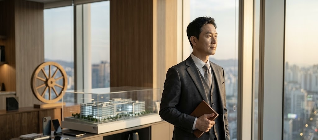 도시 전경이 내려다보이는 현대적인 IT 기업 CEO 집무실에서, 한 중년의 한국인 남성 경영인이 정장을 입고 가죽 노트를 든 채 창밖의 새벽녘 하늘을 바라보고 있습니다. 사무실 한편에는 중심축이 돋보이는 목재 수레바퀴 오브제와 건축 모형이 놓여 있어 정돈되고 차분한 분위기를 자아냅니다.