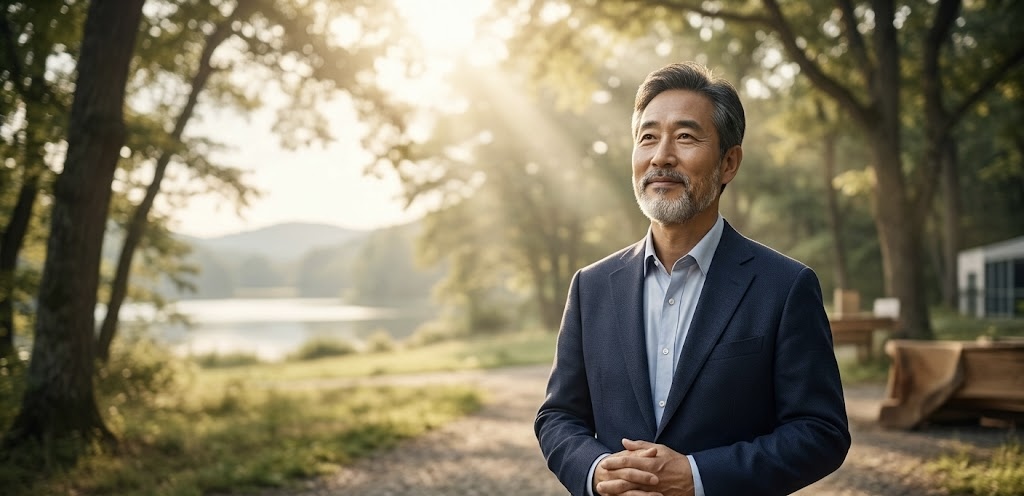 햇살이 눈부시게 내리죄는 평화로운 숲길을 배경으로, 신뢰감 있고 온화한 미소를 지으며 앞을 바라보고 있는 50대 남성 IT 기업 경영인의 실사 이미지. 신뢰감을 주는 네이비 정장 재킷을 입고 두 손을 모은 채, 성령의 감동과 지혜를 구하듯 평온하고 담대한 표정으로 빛을 향해 서 있습니다.