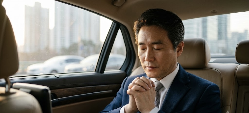 정장을 입은 중년 남성이 주행 중인 차 안 뒷좌석에서 두 손을 모으고 눈을 감은 채 기도하고 있다.