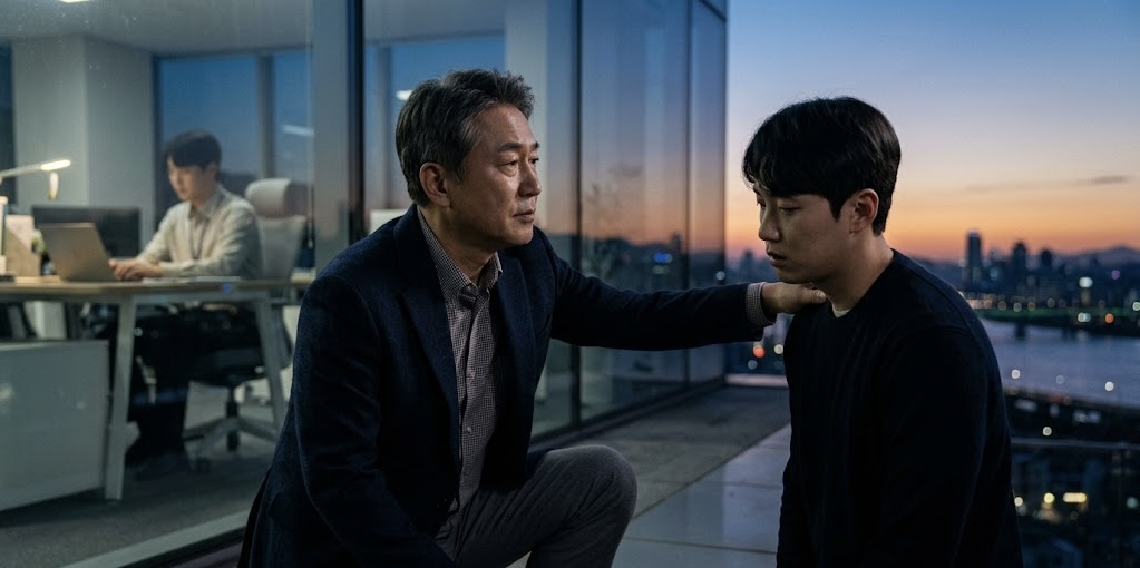 새벽녘 서울의 고층 빌딩 테라스에서, 50대 한국인 남성 CEO가 고개를 숙이고 있는 20대 젊은 남성 직원의 어깨를 따뜻하게 짚으며 위로하고 있습니다. 통유리창 너머 사무실 안에는 차분한 조명 아래 다른 직원이 일하고 있으며, 배경으로는 동이 트기 시작하는 한강과 도시의 스카이라인이 은은하게 펼쳐집니다. 십자가나 텍스트 없이, 실수를 포용하고 끝까지 견디는 진정한 사랑과 신뢰를 시각적으로 담아낸 실사 이미지입니다