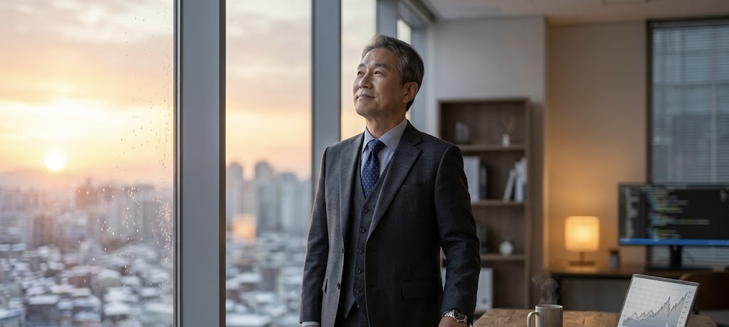 창밖으로 눈 덮인 도시 위로 떠오르는 아침 해를 바라보며, 어깨를 당당히 펴고 미소 짓고 있는 50대 한국인 남성 IT CEO의 모습. 사무실 책상 위에는 노트북과 다이어리가 놓여 있고, 따뜻한 아침 햇살이 공간을 가득 채우고 있습니다.