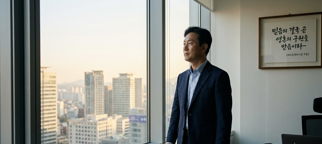 25년 IT 기업 경영의 깊이가 느껴지는 한국인 CEO가 새벽 도시를 바라보며 묵상하는 모습을 실사 스타일로 멋지게 담아냈습니다. 창문 너머로 떠오르는 아침 해는 시련 속에서도 잃지 않는 소망과 하나님의 해피엔딩을 상징합니다.