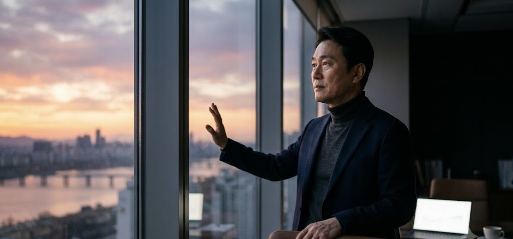 새벽녘 한강이 내려다보이는 현대적인 사무실 창가에서, 한 손을 유리창에 댄 채 먼 곳을 바라보고 있는 50대 중년 한국인 남성 IT CEO의 진중하고 희망에 찬 모습.