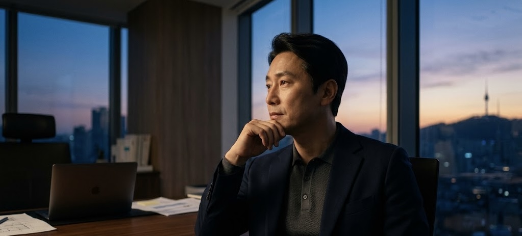 따뜻한 아침 햇살이 가득 들어오는 깔끔한 방 안, 회색빛 머리를 한 중년의 한국인 남성이 편안한 파자마 차림으로 바닥에 가부좌를 틀고 앉아 눈을 감은 채 평온한 표정으로 묵상하고 있습니다. 남성의 곁에는 노트북과 찻잔이 놓인 침실 테이블이 있어 일상을 시작하기 전의 고요한 순간임을 보여주며, 배경의 큰 창 너머로는 푸른 나무들이 어우러진 차분한 도시 풍경이 보입니다.